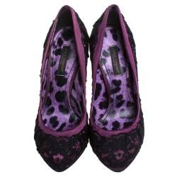 Pre Owned Dolce & Gabbana Black Floral Lace And Burgundy Satin Platform Pumps Size 35