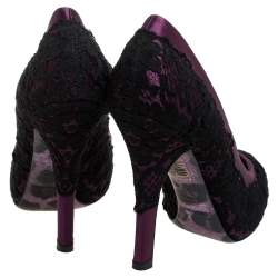 Pre Owned Dolce & Gabbana Black Floral Lace And Burgundy Satin Platform Pumps Size 35