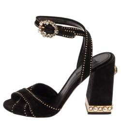 Pre Owned Dolce & Gabbana Black Suede Crystal Embellished Block Heel Sandals Size 39