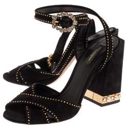 Pre Owned Dolce & Gabbana Black Suede Crystal Embellished Block Heel Sandals Size 39