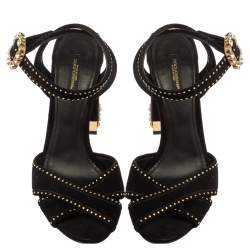 Pre Owned Dolce & Gabbana Black Suede Crystal Embellished Block Heel Sandals Size 39