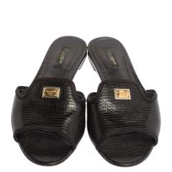 Pre Owned Dolce and Gabbana Black Lizard Embossed Leather Sofia Slides Size 39