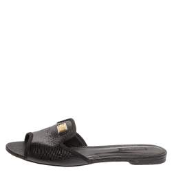 Pre Owned Dolce and Gabbana Black Lizard Embossed Leather Sofia Slides Size 39