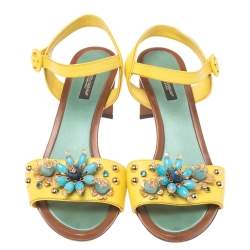 Pre Owned Dolce & Gabbana Yellow/Blue Lizard Embossed Leather Crystal Embellished Ankle Strap Sandals Size 39
