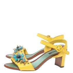 Pre Owned Dolce & Gabbana Yellow/Blue Lizard Embossed Leather Crystal Embellished Ankle Strap Sandals Size 39