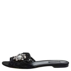 مملوكة مسبقًا Dolce & Gabbana Black Lace Sofia Crystal Embellished Flat Slides Size 39