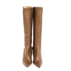 Pre Owned Dolce and Gabbana Metallic Beige Textured Leather Pointed Knee Boots Size 40.5