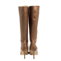 Pre Owned Dolce and Gabbana Metallic Beige Textured Leather Pointed Knee Boots Size 40.5