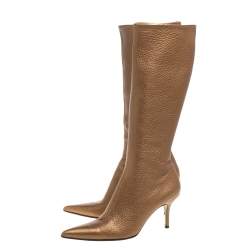 Pre Owned Dolce and Gabbana Metallic Beige Textured Leather Pointed Knee Boots Size 40.5