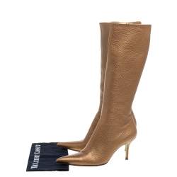 Pre Owned Dolce and Gabbana Metallic Beige Textured Leather Pointed Knee Boots Size 40.5