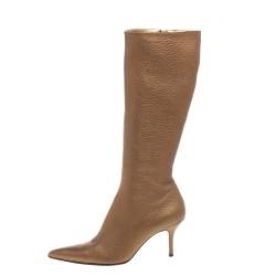 Pre Owned Dolce and Gabbana Metallic Beige Textured Leather Pointed Knee Boots Size 40.5