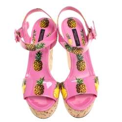 Pre Owned Dolce & Gabbana Pink Patent Pineapple Print Cork Platform Wedge Sandals Size 39