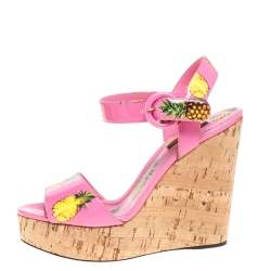 Pre Owned Dolce & Gabbana Pink Patent Pineapple Print Cork Platform Wedge Sandals Size 39
