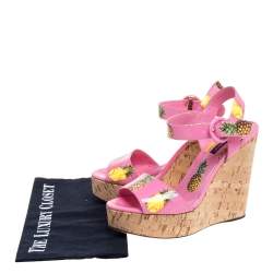 Pre Owned Dolce & Gabbana Pink Patent Pineapple Print Cork Platform Wedge Sandals Size 39