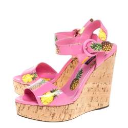Pre Owned Dolce & Gabbana Pink Patent Pineapple Print Cork Platform Wedge Sandals Size 39