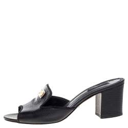 Pre Owned Dolce & Gabbana Black Lizard Embossed Leather Slide Sandals Size 40