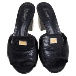 Pre Owned Dolce & Gabbana Black Lizard Embossed Leather Slide Sandals Size 40