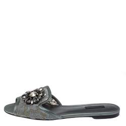 Pre Owned Dolce & Gabbana Grey Lace Crystal Embellished Flat Slide Sandals Size 39
