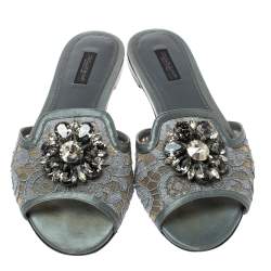 Pre Owned Dolce & Gabbana Grey Lace Crystal Embellished Flat Slide Sandals Size 39