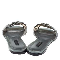 Pre Owned Dolce & Gabbana Grey Lace Crystal Embellished Flat Slide Sandals Size 39