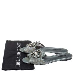 Pre Owned Dolce & Gabbana Grey Lace Crystal Embellished Flat Slide Sandals Size 39