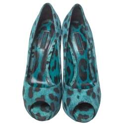 Pre Owned Dolce & Gabbana Two Tone Leopard Print Denim Fabric Platform Peep Toe Pumps 