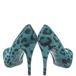 Pre Owned Dolce & Gabbana Two Tone Leopard Print Denim Fabric Platform Peep Toe Pumps 