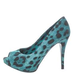 Pre Owned Dolce & Gabbana Two Tone Leopard Print Denim Fabric Platform Peep Toe Pumps 