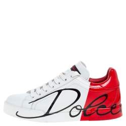 Dolce & Gabbana White/Red Leather and Patent Leather Logo Low Top Sneakers Size 37.5