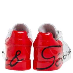 Dolce & Gabbana White/Red Leather and Patent Leather Logo Low Top Sneakers Size 37.5