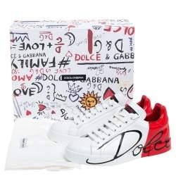 Dolce & Gabbana White/Red Leather and Patent Leather Logo Low Top Sneakers Size 37.5