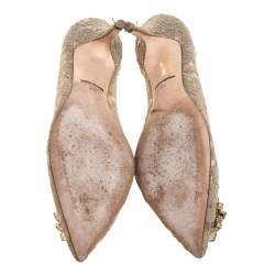 Pre Owned Dolce and Gabbana Beige Brocade Lace Bellucci Crystal Embellished Pointed Toe Pumps Size 40.5