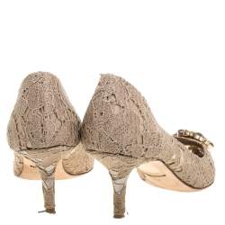 Pre Owned Dolce and Gabbana Beige Brocade Lace Bellucci Crystal Embellished Pointed Toe Pumps Size 40.5