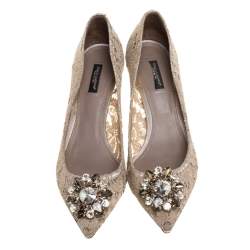 Pre Owned Dolce and Gabbana Beige Brocade Lace Bellucci Crystal Embellished Pointed Toe Pumps Size 40.5