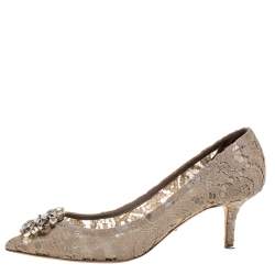 Pre Owned Dolce and Gabbana Beige Brocade Lace Bellucci Crystal Embellished Pointed Toe Pumps Size 40.5