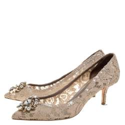Pre Owned Dolce and Gabbana Beige Brocade Lace Bellucci Crystal Embellished Pointed Toe Pumps Size 40.5