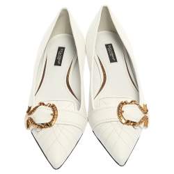 Pre Owned Dolce & Gabbana White Quilted Leather Devotion Embellished Pointed Toe Ballet Flats Size 37
