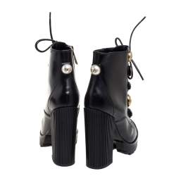 Pre Owned Dolce and Gabbana Black Leather Pearl/Button Embellished Platform Combat Ankle Boots Size 38