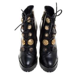 Pre Owned Dolce and Gabbana Black Leather Pearl/Button Embellished Platform Combat Ankle Boots Size 38
