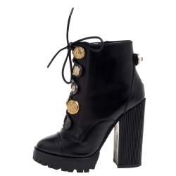 Pre Owned Dolce and Gabbana Black Leather Pearl/Button Embellished Platform Combat Ankle Boots Size 38