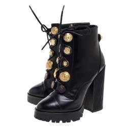 Pre Owned Dolce and Gabbana Black Leather Pearl/Button Embellished Platform Combat Ankle Boots Size 38
