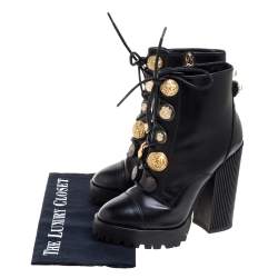 Pre Owned Dolce and Gabbana Black Leather Pearl/Button Embellished Platform Combat Ankle Boots Size 38
