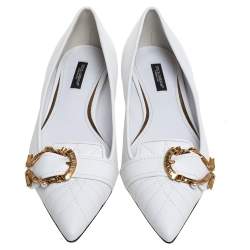 Pre Owned Dolce & Gabbana White Leather Matelassé Devotion Pointed Toe Ballet Flats Size 38