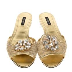 Pre Owned Dolce & Gabbana Gold Lace Sofia Crystal Embellished Slides Sandals Size 38.5