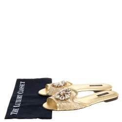 Pre Owned Dolce & Gabbana Gold Lace Sofia Crystal Embellished Slides Sandals Size 38.5