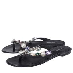 Pre Owned Dolce & Gabbana Black Leather Crystal Embellished Thong Flat Sandals Size 38