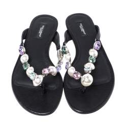 Pre Owned Dolce & Gabbana Black Leather Crystal Embellished Thong Flat Sandals Size 38