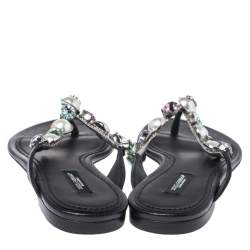 Pre Owned Dolce & Gabbana Black Leather Crystal Embellished Thong Flat Sandals Size 38