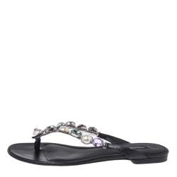 Pre Owned Dolce & Gabbana Black Leather Crystal Embellished Thong Flat Sandals Size 38