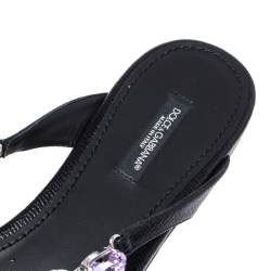 Pre Owned Dolce & Gabbana Black Leather Crystal Embellished Thong Flat Sandals Size 38